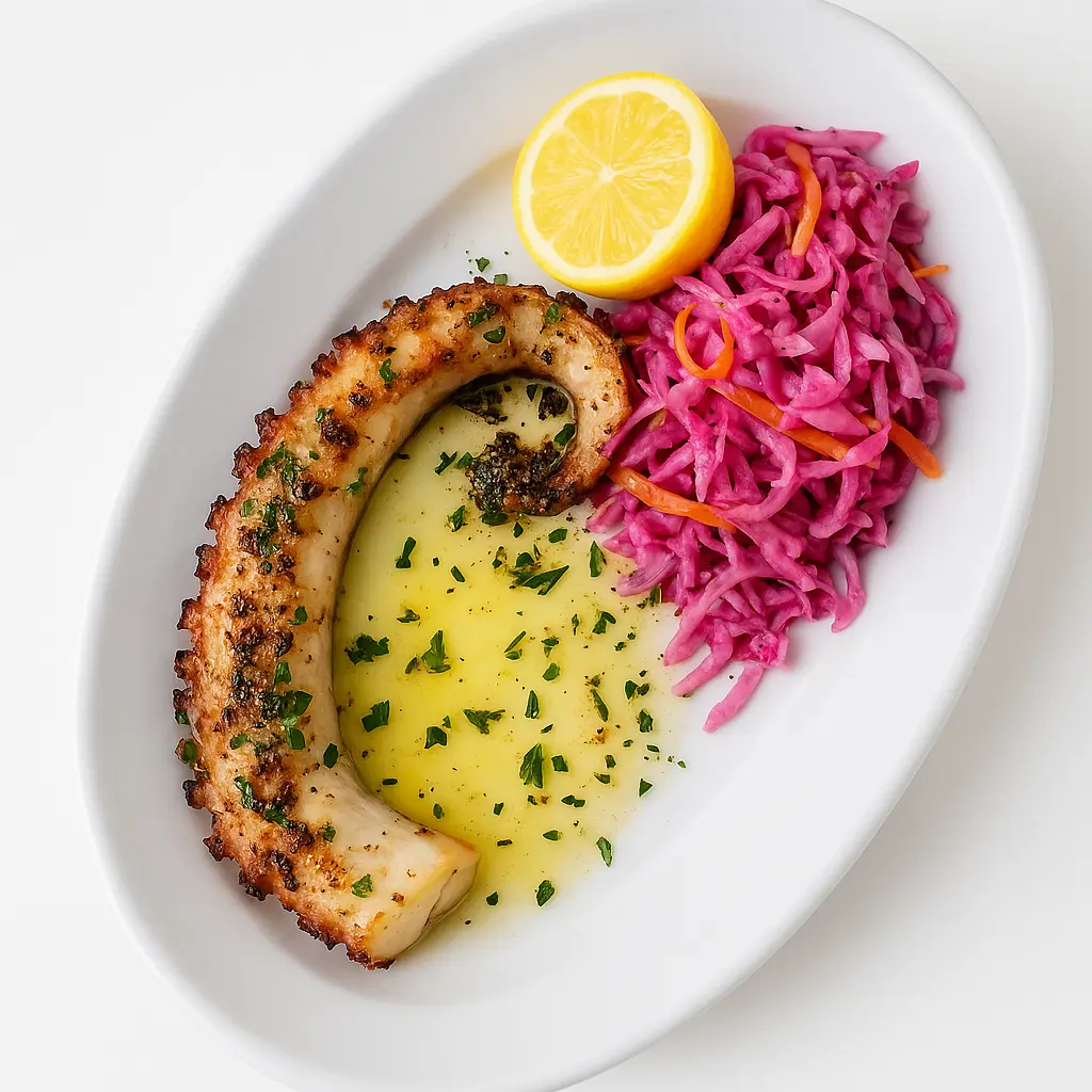 Chargrilled octopus tentacle served with lemon-olive oil dressing and pickled cabbage slaw