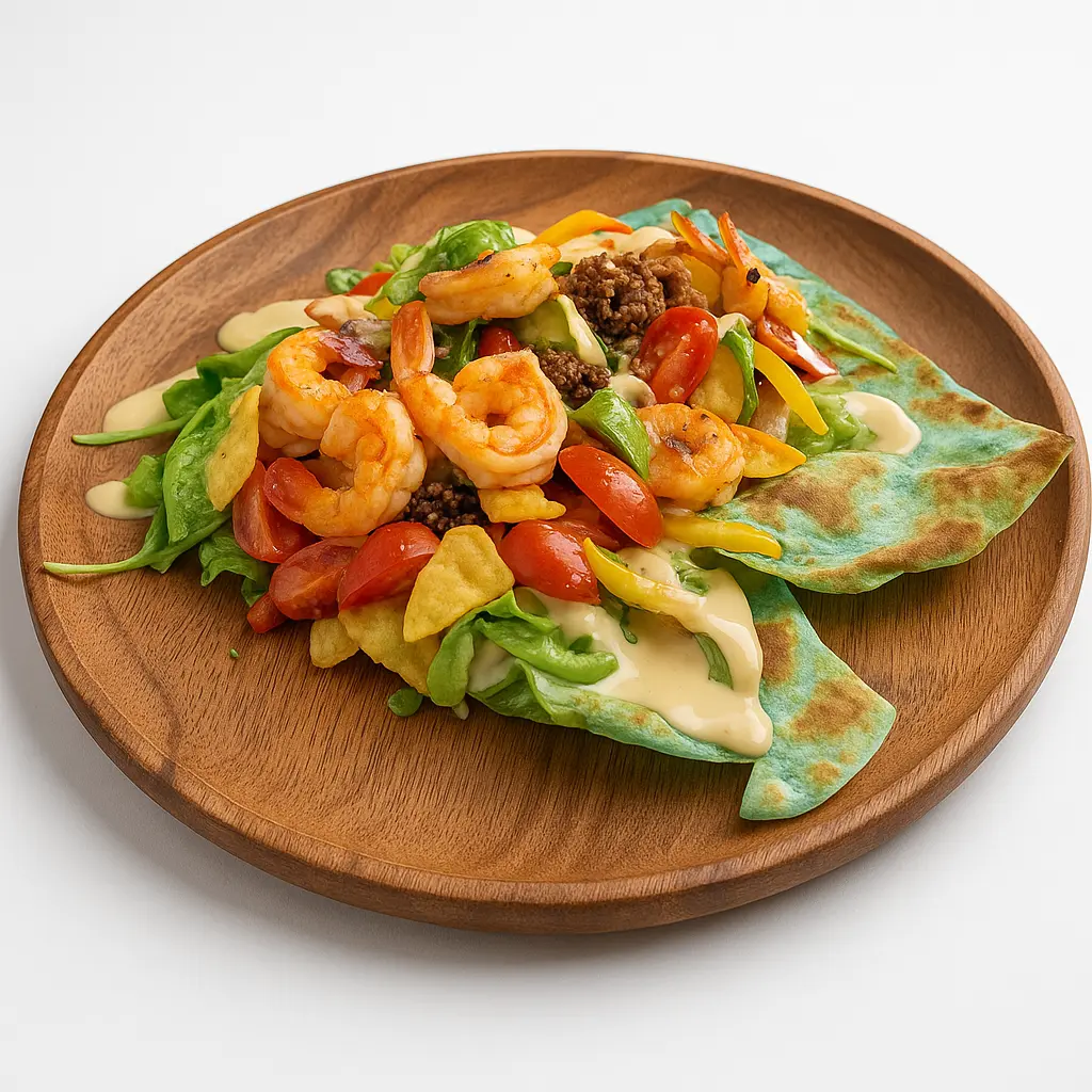 Lettuce, peppers, corn, tortilla, parmesan, tomato, Mexican-style vinaigrette
