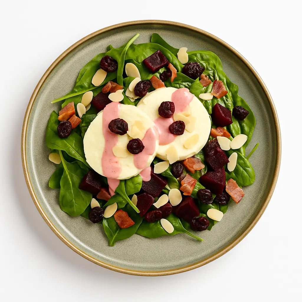 Baby spinach, beetroot, bacon, cranberries, grilled manouri cheese, almonds, pink dressing